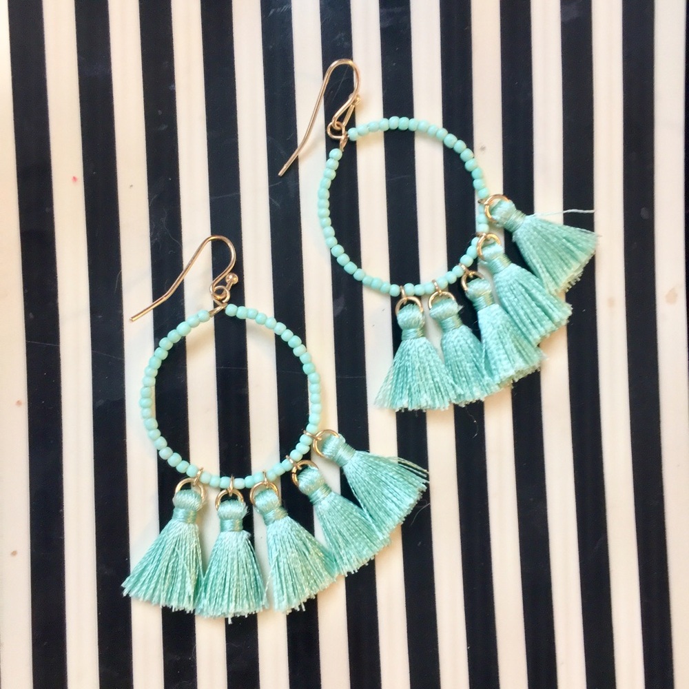 Mint Tassel Hoop Earrings